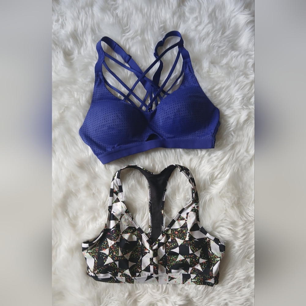 Victoria Secret Blue Strappy Sportsbra Size36B Fun Pattern Size Medium